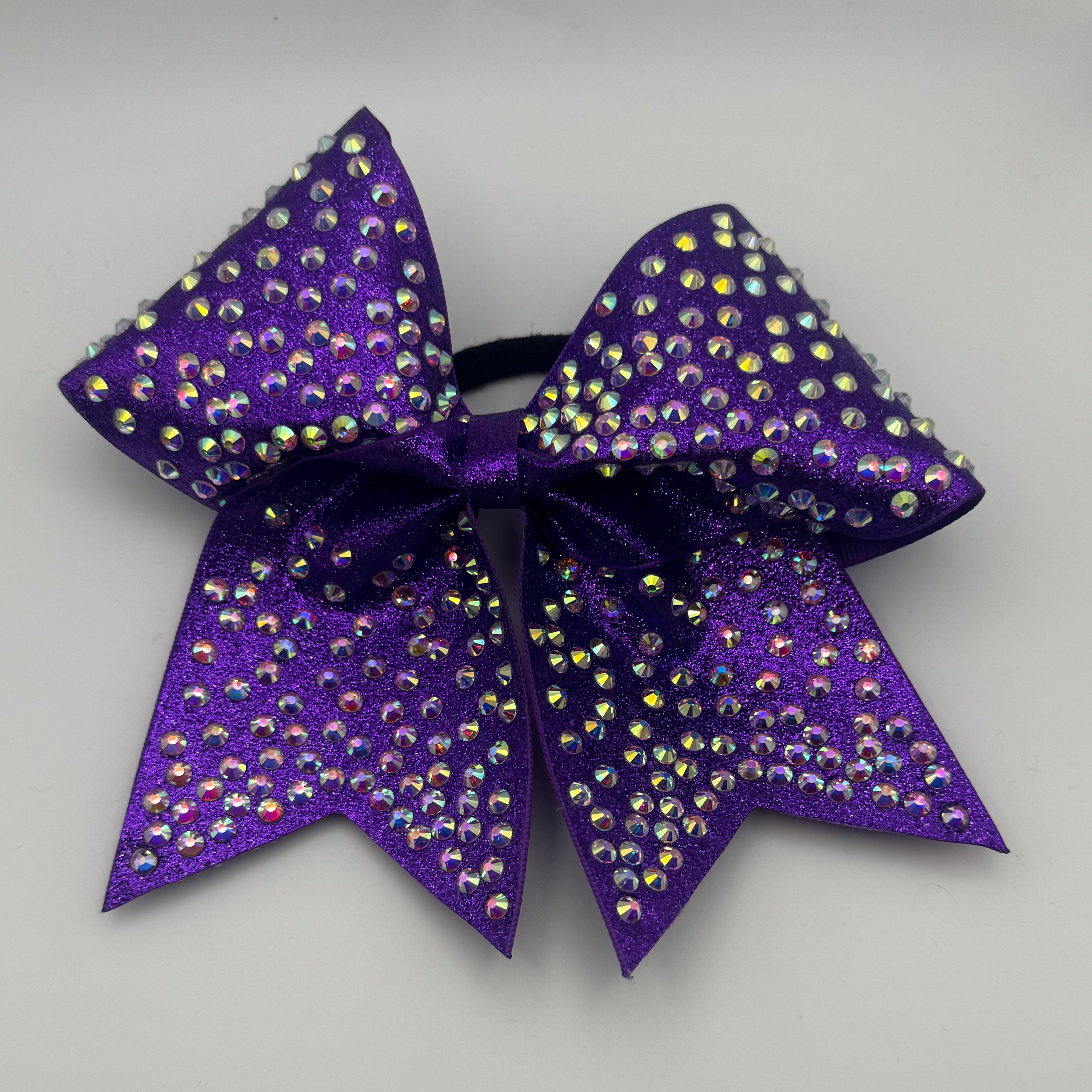 Handmade Purple Rhinestone Cheer Bows with Glitter Backing