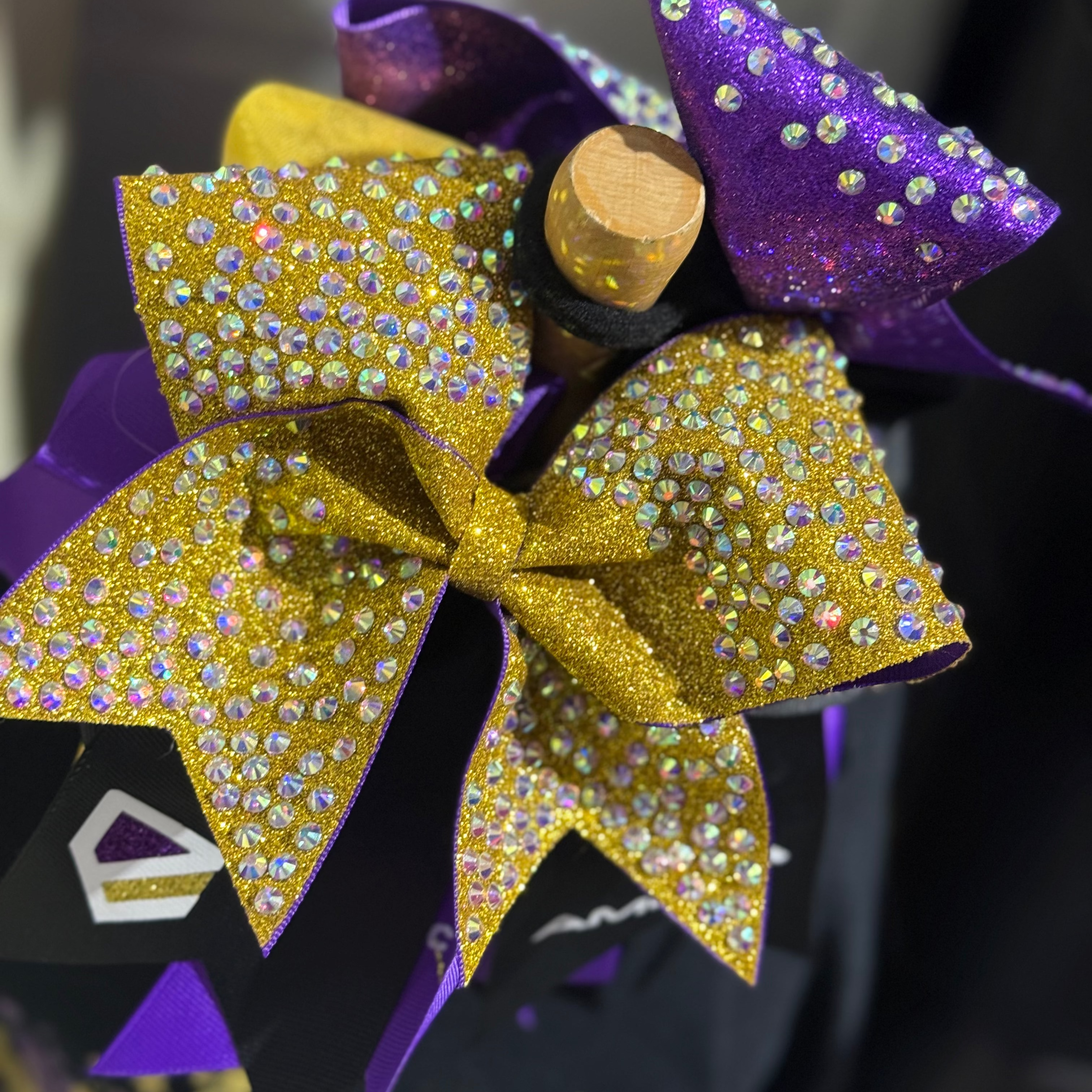 Handcrafted Gold Rhinestone Cheer Bows with Glitter Backing