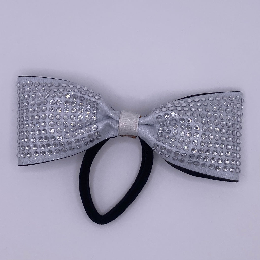 White Glitter Tailless Cheer Bow with Silver Rhinestone Grid