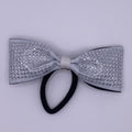 White Glitter Tailless Cheer Bow with Silver Rhinestone Grid