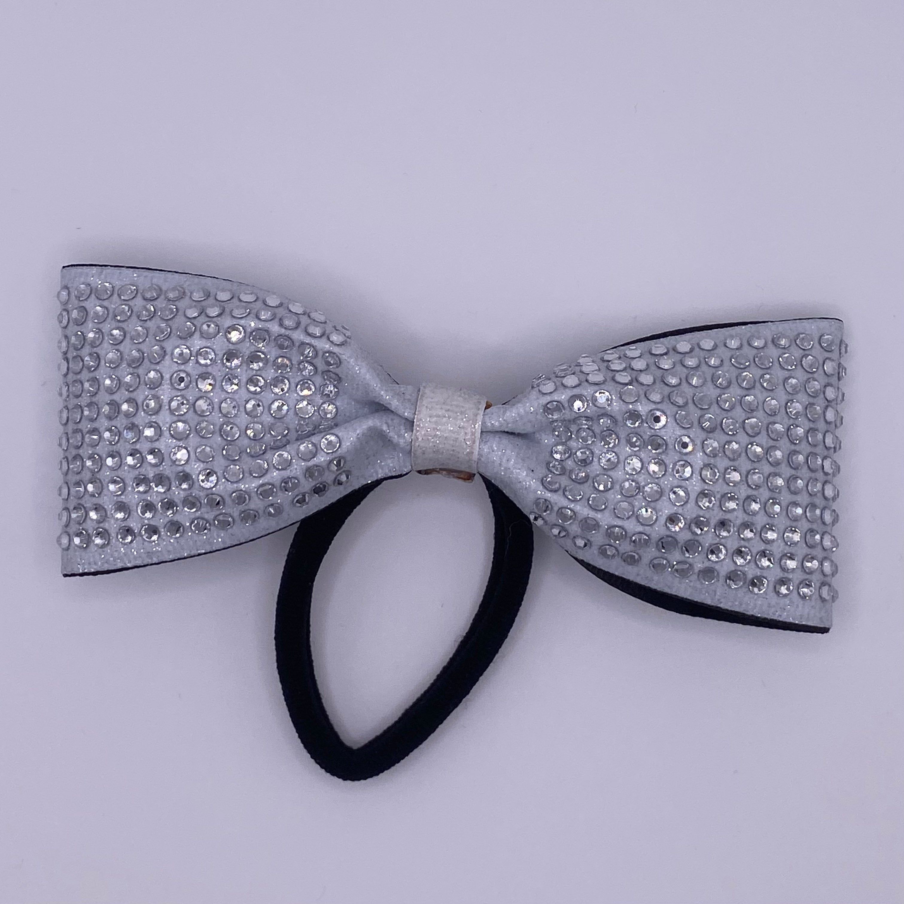 White Glitter Tailless Cheer Bow with Silver Rhinestone Grid