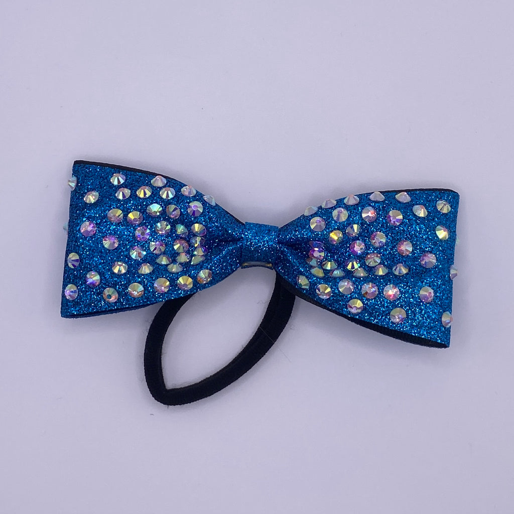 Blue Glitter & Rhinestone Tailless Cheer Bow