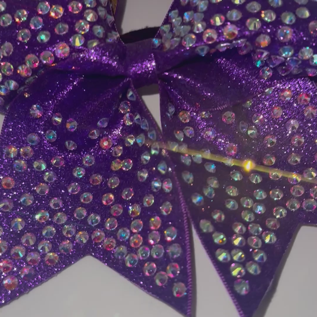 Handmade Purple Rhinestone Cheer Bows with Glitter Backing
