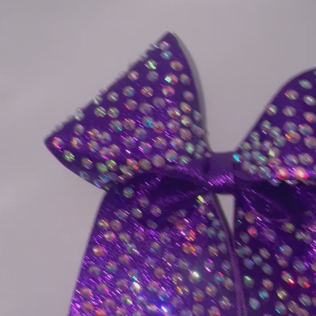 Handmade Purple Rhinestone Cheer Bows with Glitter Backing