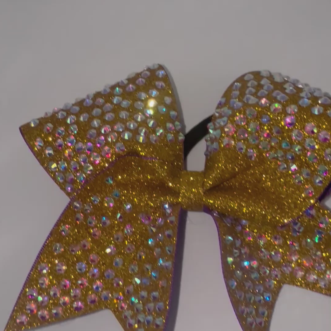 Handcrafted Gold Rhinestone Cheer Bows with Glitter Backing