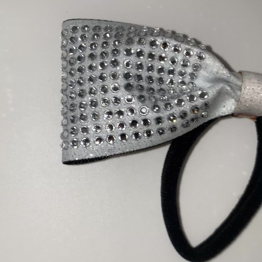 White Glitter Tailless Cheer Bow with Silver Rhinestone Grid