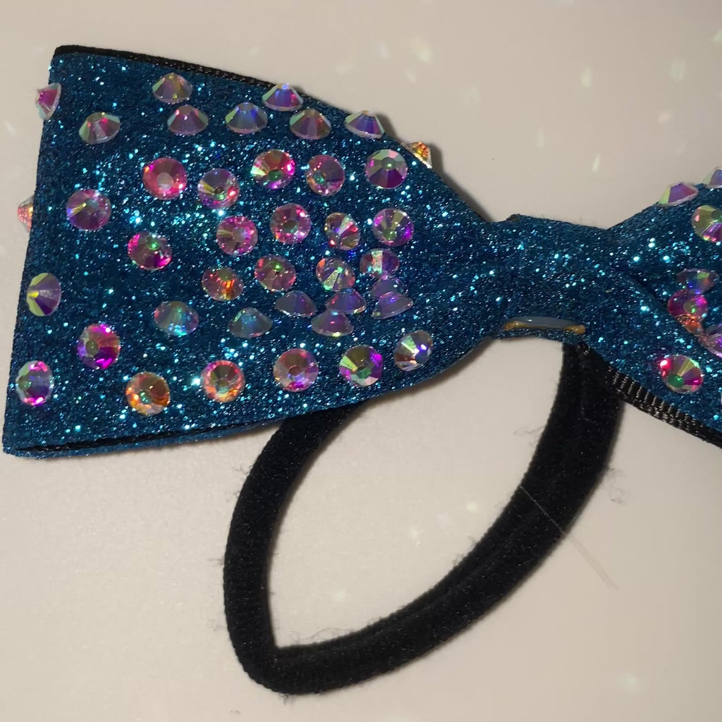 Blue Glitter & Rhinestone Tailless Cheer Bow